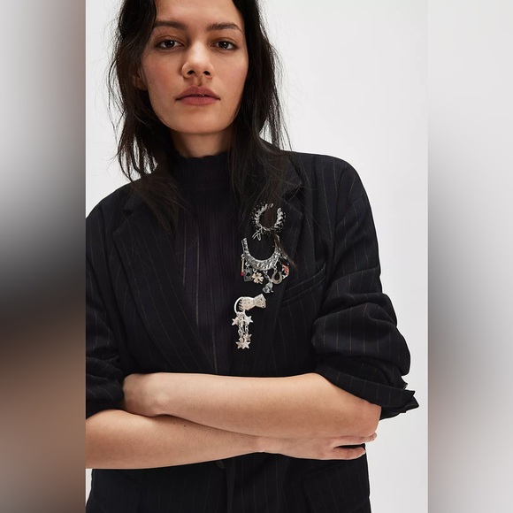 NWOT Free People Reggie Blazer Pinstripe Midnight Combo Navy Blue - Picture 6 of 10